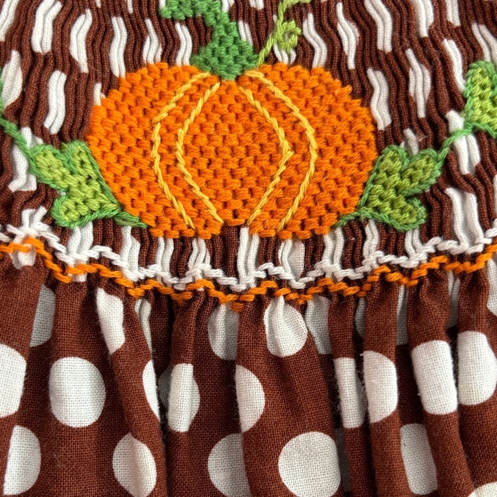 Claire & Charlie Polka Dot Kids Dress with Smocking  And Pumpkin Accents Size 6X - Picture 9 of 9